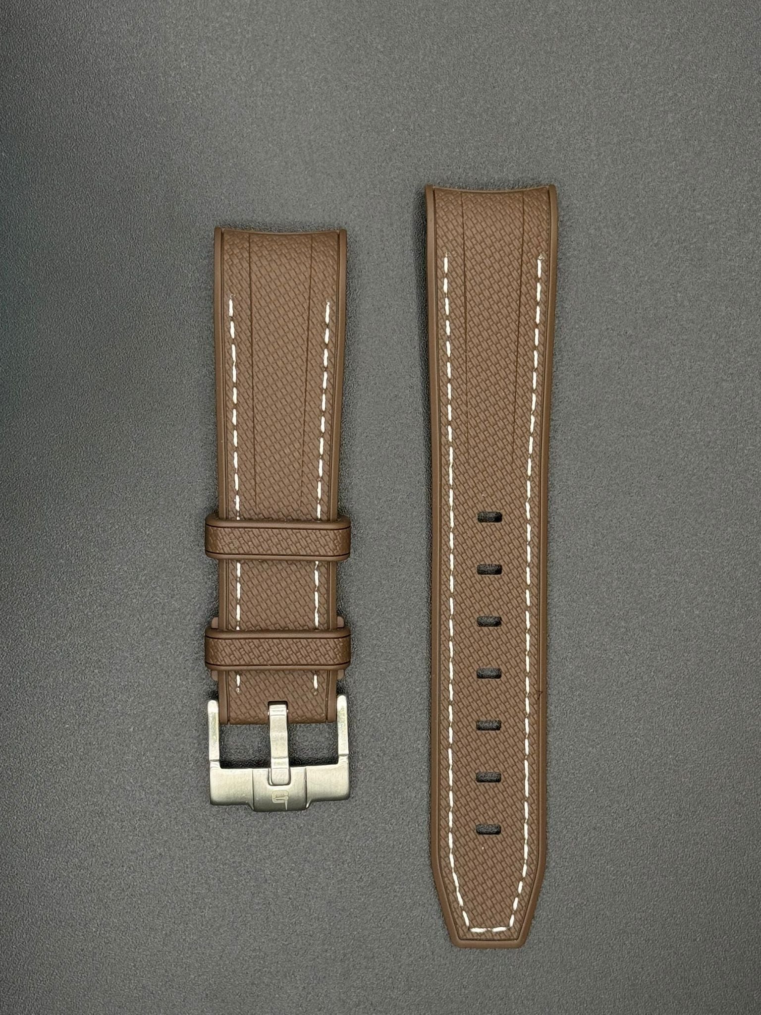 Bracelet en caoutchouc marron coutures blanches pour MoonSwatch et montres Omega