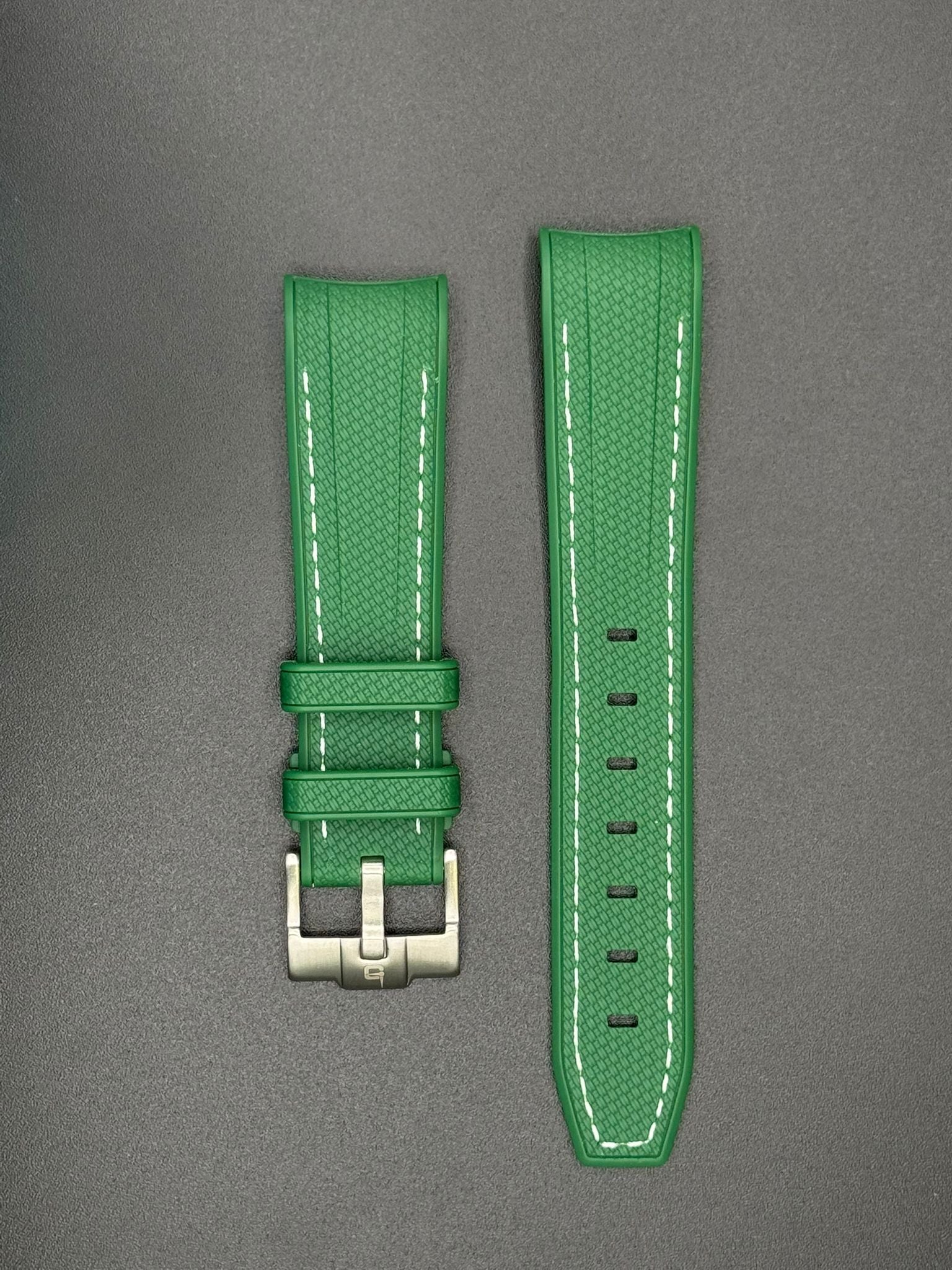 Bracelet en caoutchouc vert coutures blanches pour MoonSwatch et montres Omega